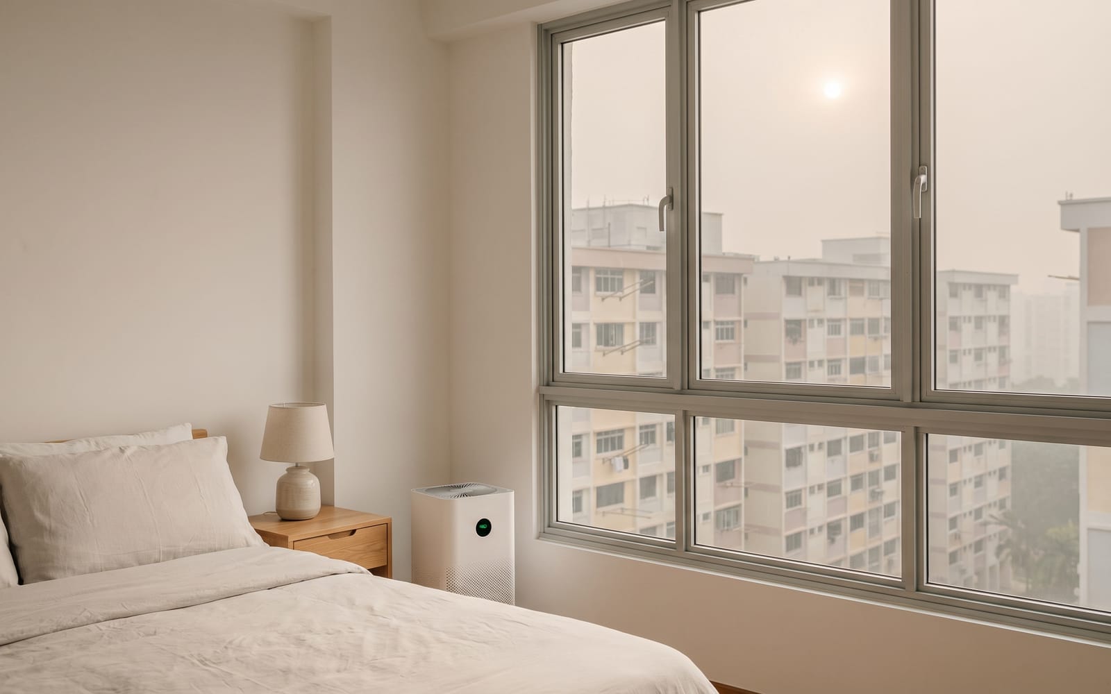 Haze over Singapore HDB blocks seen through a closed bedroom window, with an air purifier running indoors